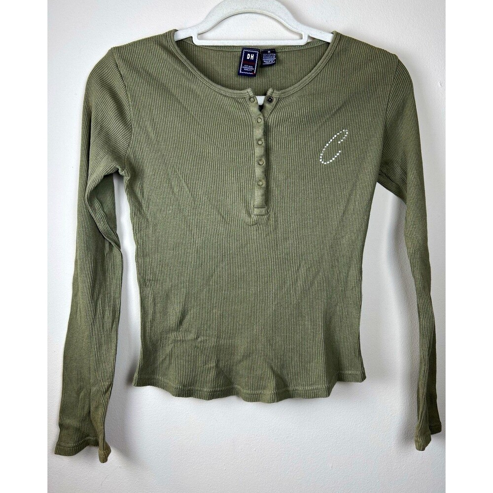 Derek Heart Y2K Green Ribbed Henley Button Rhinestone Top Slim M 100% Cotton